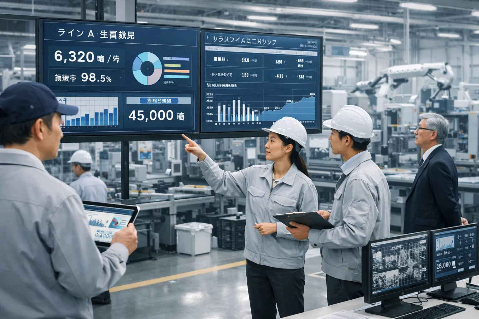 工場のモニターを確認するチーム